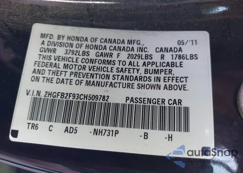 2012 Honda Civic Ex-L z USA, uszkodzony, nr VIN 2HGFB2F93CH509782